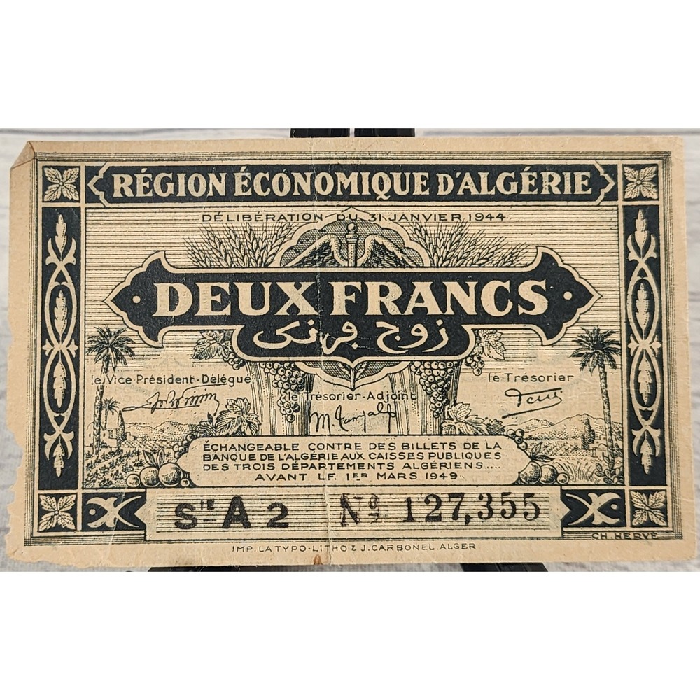 1944 Algeria 2 Francs Banknote Region Economique d'Algerie WWII Currency